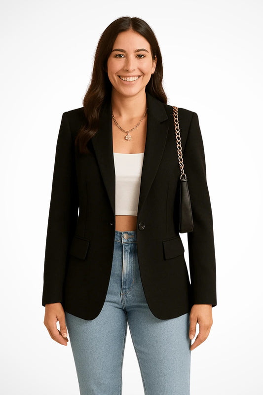 Tailored Fitted Blazer with Single Button and Notch Lapels Black 2