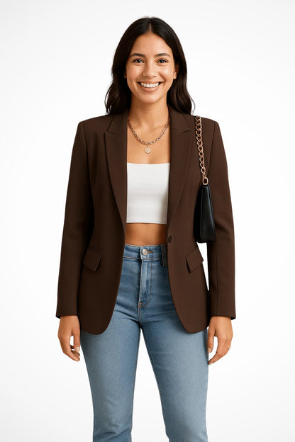 Tailored Fitted Blazer with Single Button and Notch Lapels Dark Brown 5