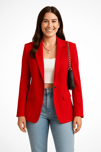Tailored Fitted Blazer with Single Button and Notch Lapels Red 6