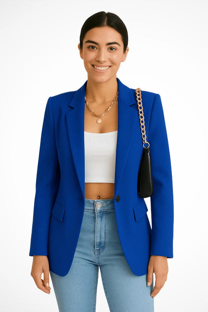 Tailored Fitted Blazer with Single Button and Notch Lapels Blue 7