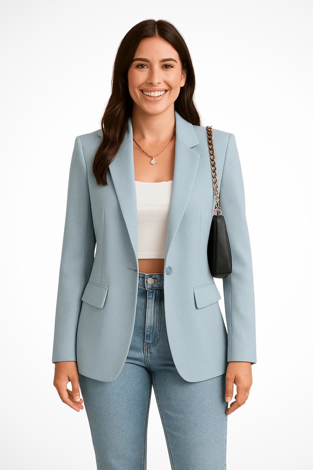 Tailored Fitted Blazer with Single Button and Notch Lapels Light Blue 8