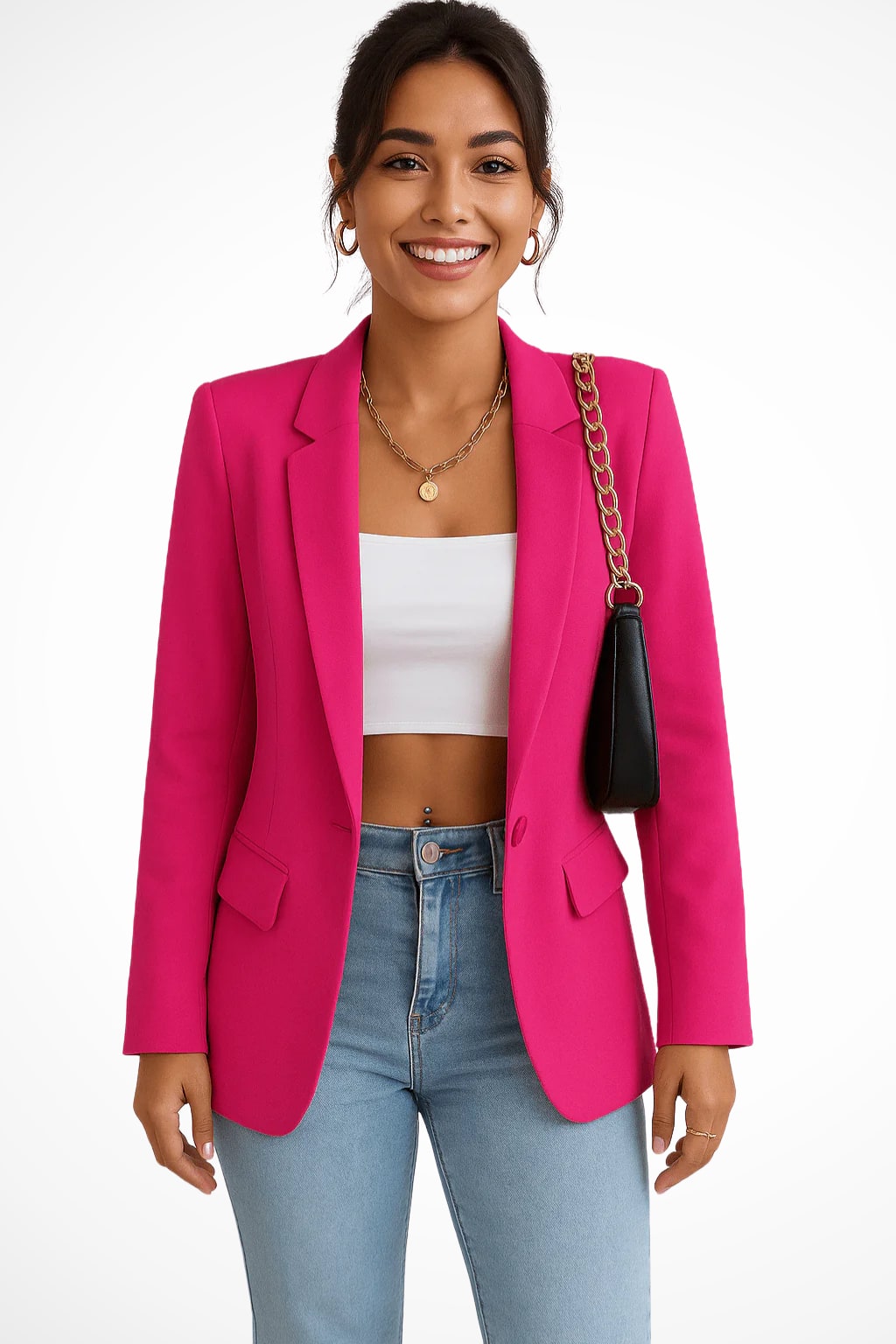 Tailored Fitted Blazer with Single Button and Notch Lapels Hot Pink 10