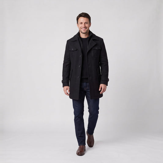 Man wearing the tailored wool blend overcoat