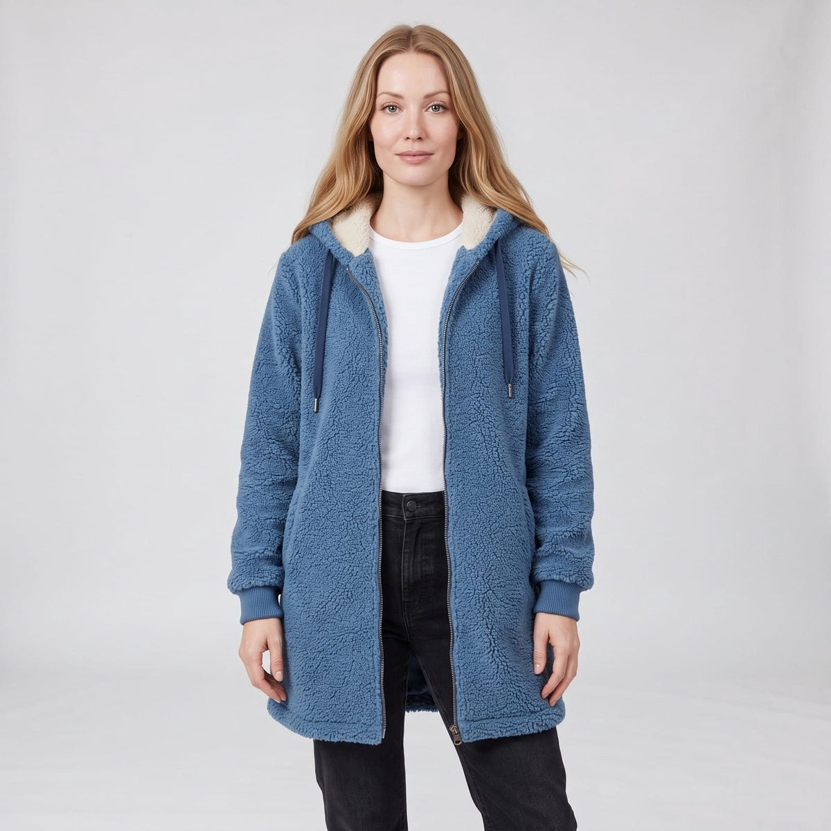 Fleece Jacket for Women, Mid Length Teddy Zip Coat with Hood 1