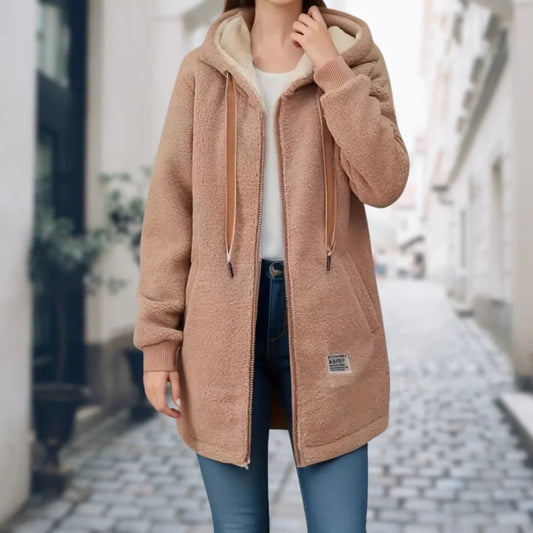 Fleece Jacket for Women, Mid Length Teddy Zip Coat with Hood 2