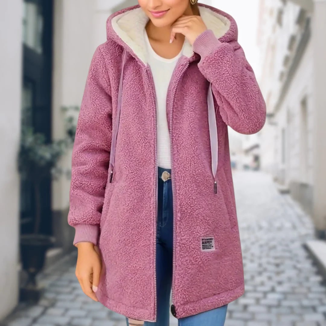 Fleece Jacket for Women, Mid Length Teddy Zip Coat with Hood 3