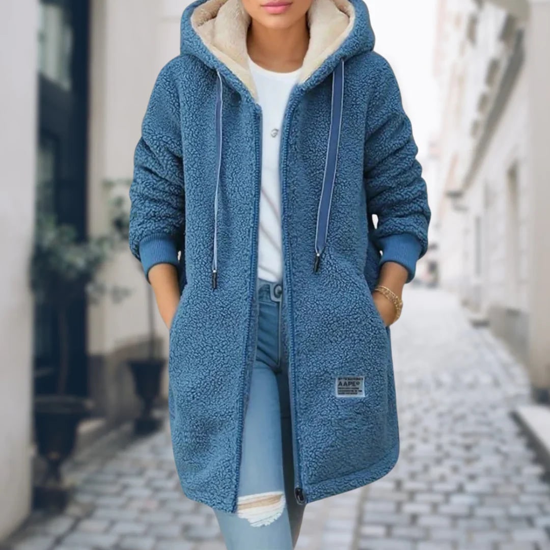 Fleece Jacket for Women, Mid Length Teddy Zip Coat with Hood 4