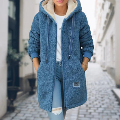 Fleece Jacket for Women, Mid Length Teddy Zip Coat with Hood 4
