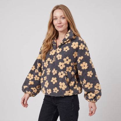 Fleece Jacket for Women, Oversized Teddy Half Zip Floral 1