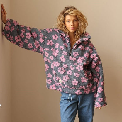 Fleece Jacket for Women, Oversized Teddy Half Zip Floral 2