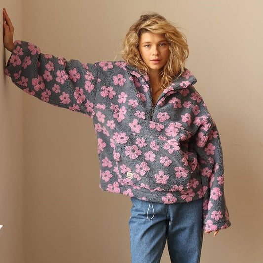 Fleece Jacket for Women, Oversized Teddy Half Zip Floral 2