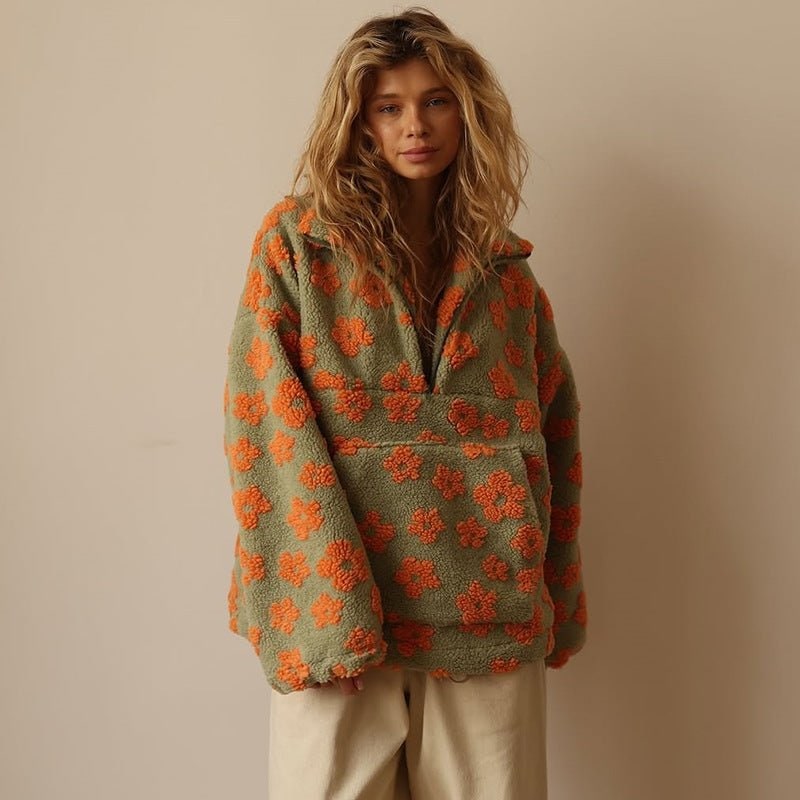 Fleece Jacket for Women, Oversized Teddy Half Zip Floral 3