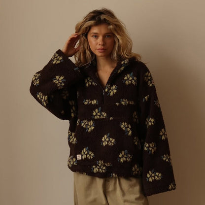 Fleece Jacket for Women, Oversized Teddy Half Zip Floral 4