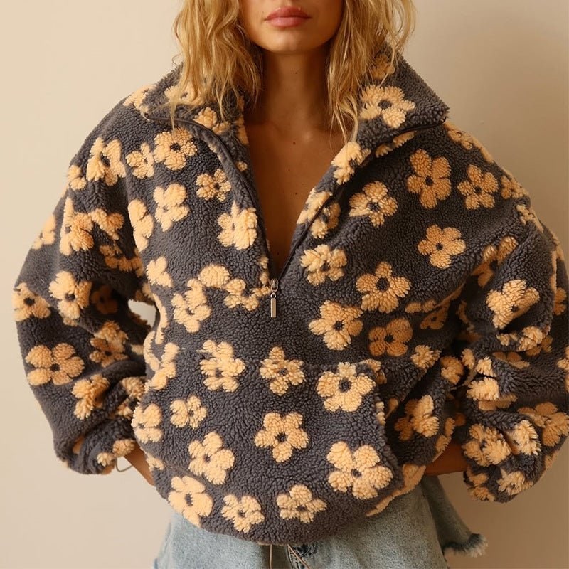 Fleece Jacket for Women, Oversized Teddy Half Zip Floral 5