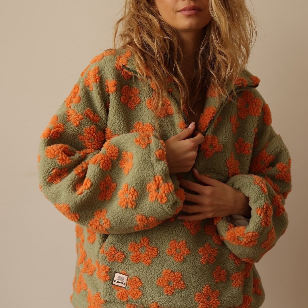 Fleece Jacket for Women, Oversized Teddy Half Zip Floral 9