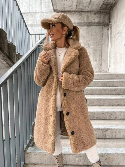 Camel long teddy coat with notch lapels