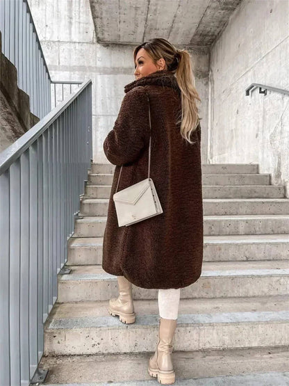 Dark brown long teddy coat, back view
