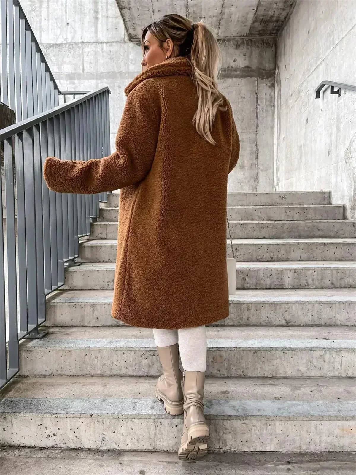 Brown teddy coat, back view