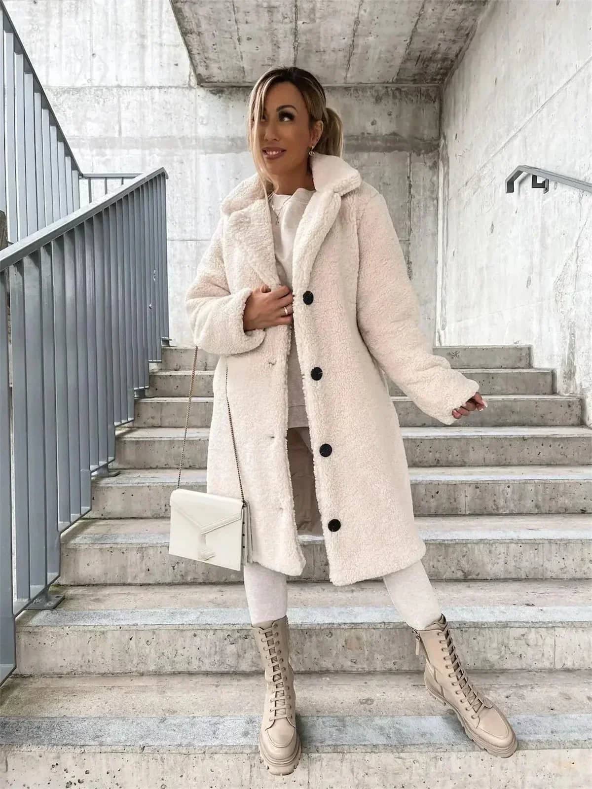 Beige long teddy coat with notch lapels
