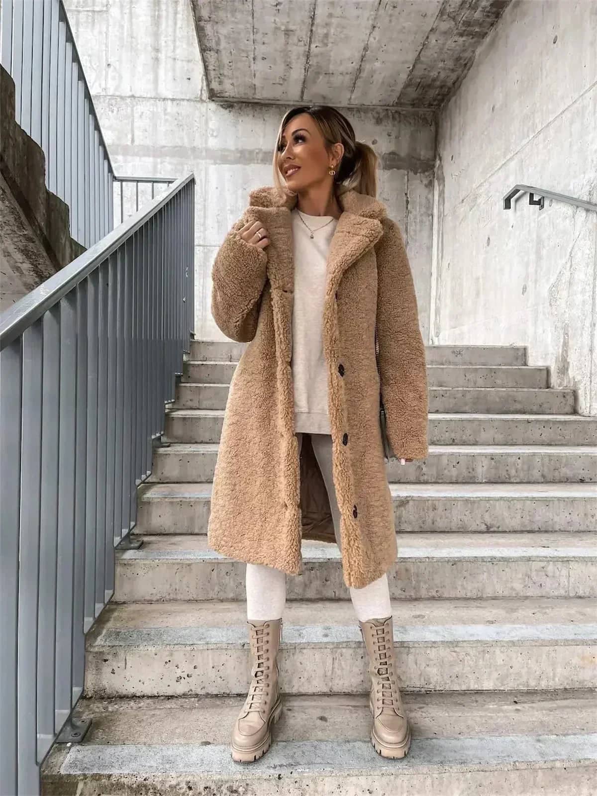 Camel teddy coat worn with boots
