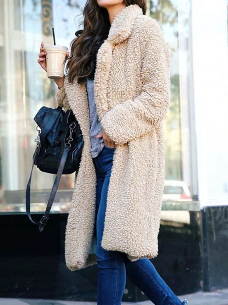 Long Coat in Soft Teddy, Faux Shearling Coat with Lapels 3