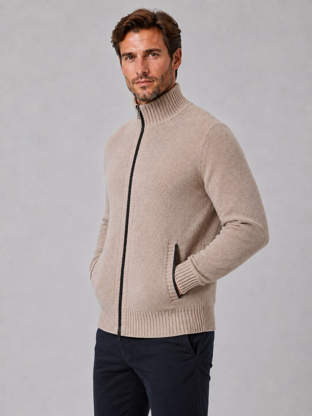 Men's Textured Full Zip Knit Cardigan with Funnel Neck 3