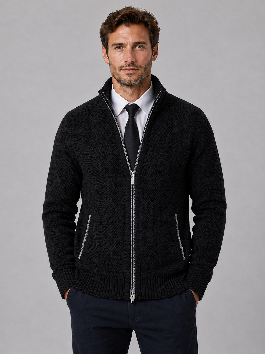 Men's Textured Full Zip Knit Cardigan with Funnel Neck 5