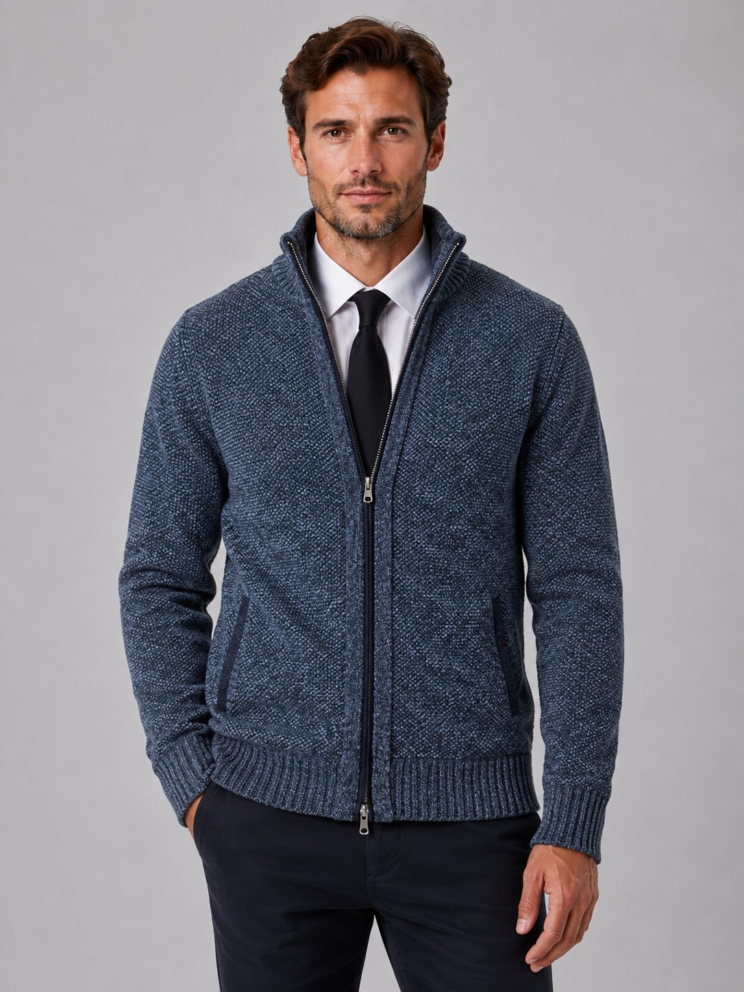 Men's Textured Full Zip Knit Cardigan with Funnel Neck 7