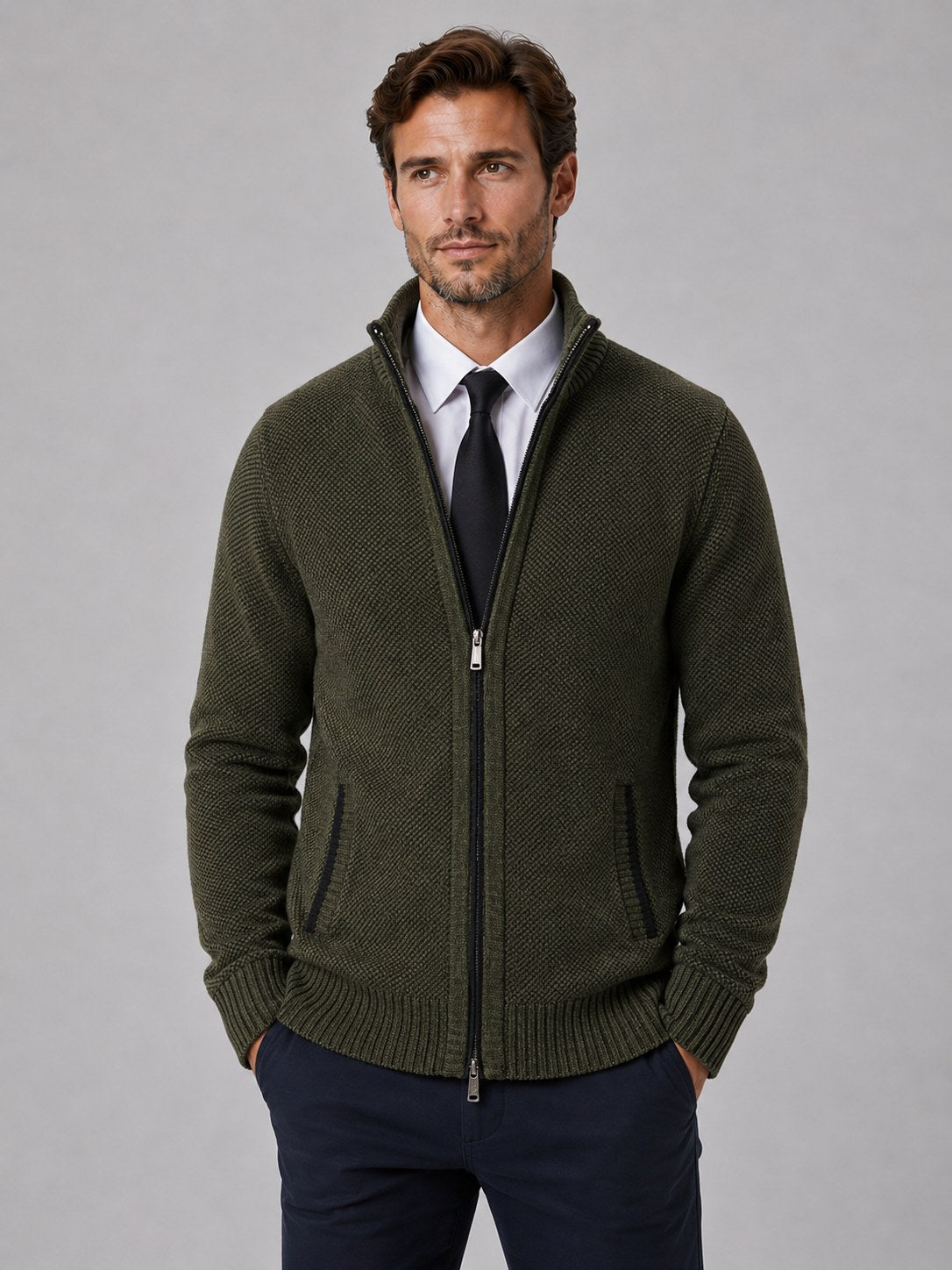 Men's Textured Full Zip Knit Cardigan with Funnel Neck 6