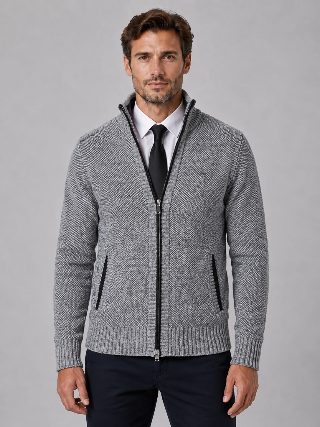 Men's Textured Full Zip Knit Cardigan with Funnel Neck 4