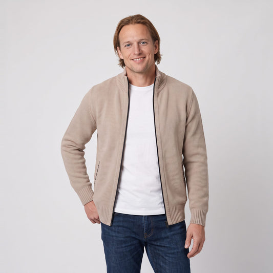 Man wearing the textured knit full zip cardigan with funnel neck