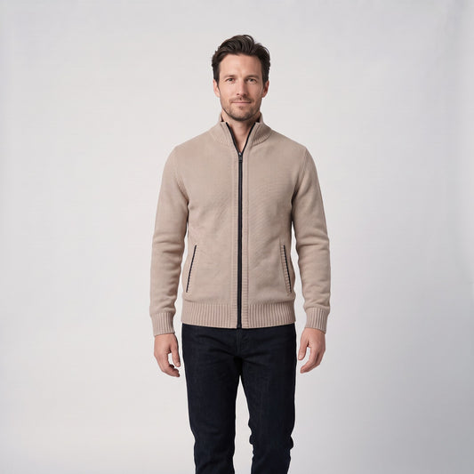 Textured Knit Full Zip Cardigan with Funnel Neck