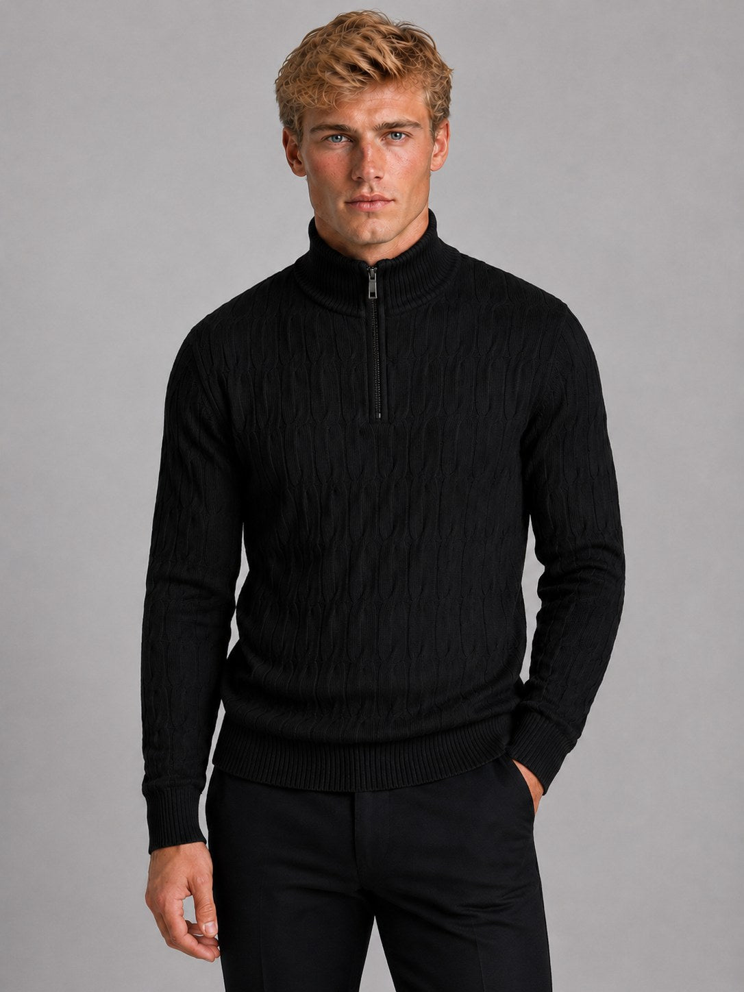 Men's Textured Knit Quarter Zip Jumper, Funnel Neck 5