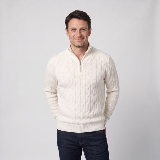 Man wearing the textured knit quarter zip jumper with funnel neck