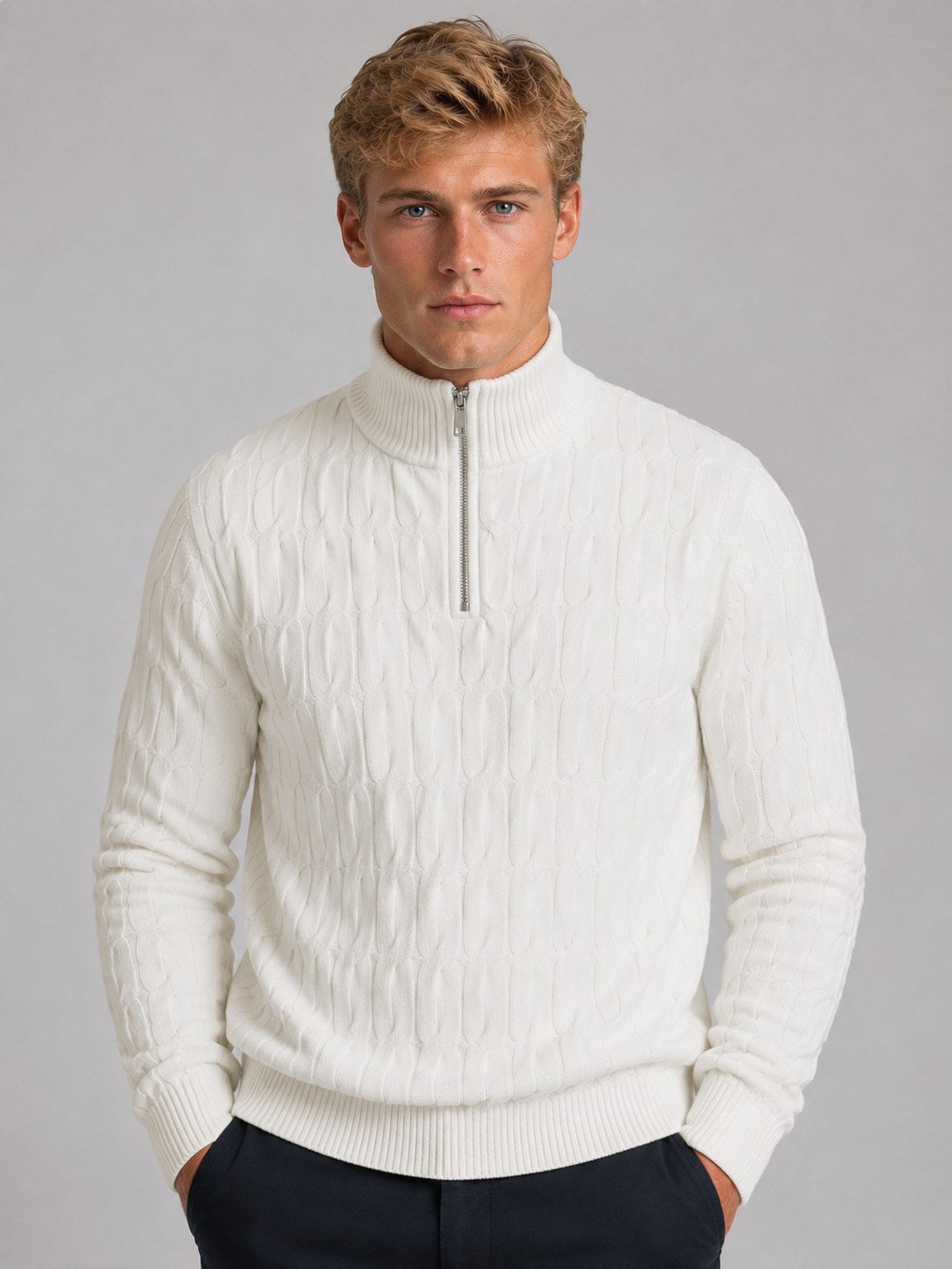 Men's Textured Knit Quarter Zip Jumper, Funnel Neck 3