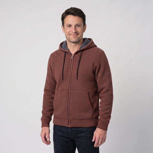 Man wearing the textured knit zip hoodie with fleece lining