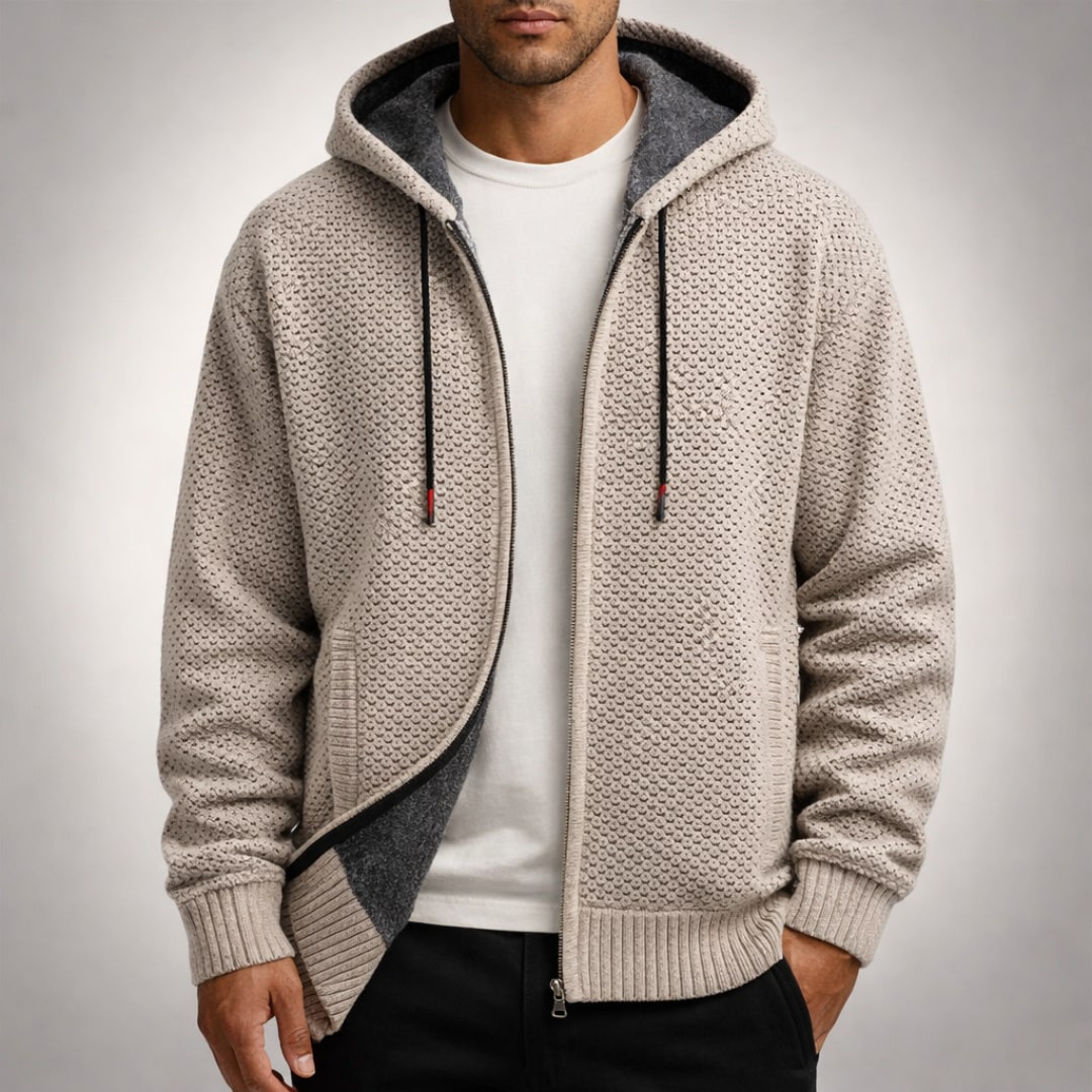 Fleece Lined Zip Hoodie for Men in Textured Honeycomb Knit 7