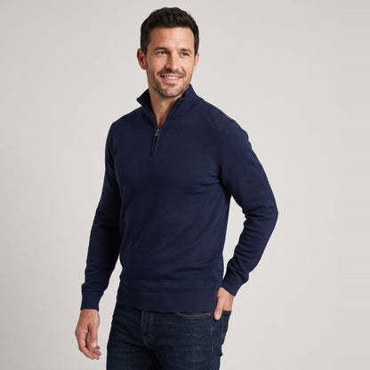 Man wearing the textured quarter zip jumper with stand collar