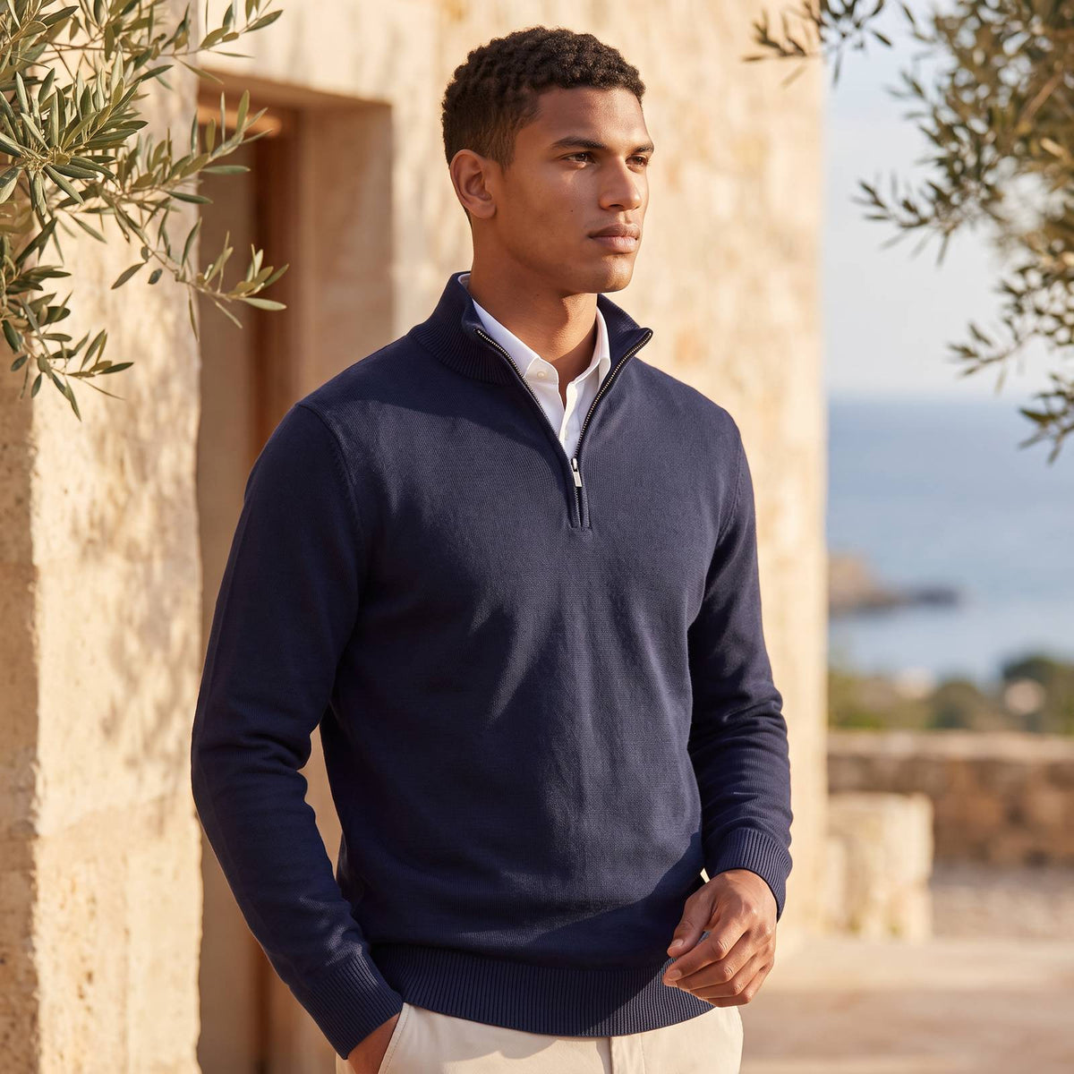 Men's Textured Quarter Zip Jumper with Knitted Stand Collar 4