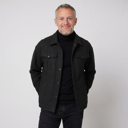 Black snap front collared utility jacket with flap chest pockets