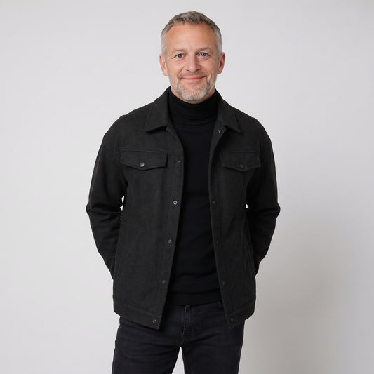 Black snap front collared utility jacket with flap chest pockets