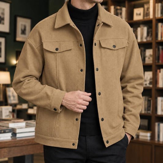 Tan snap front utility jacket with chest pockets