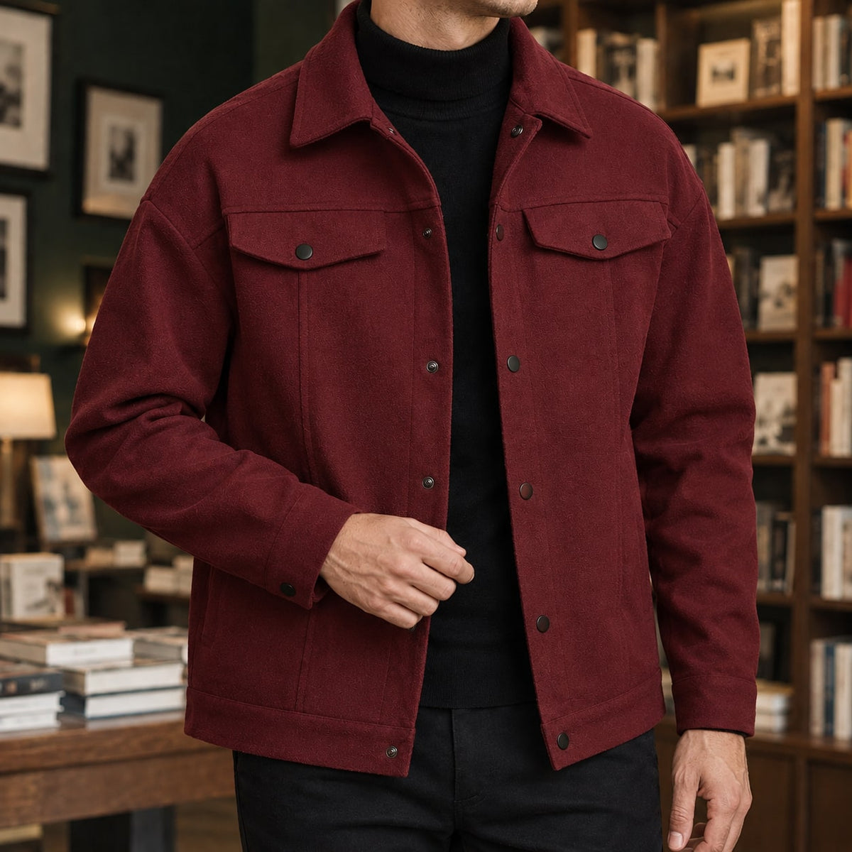 Wine red snap front utility jacket