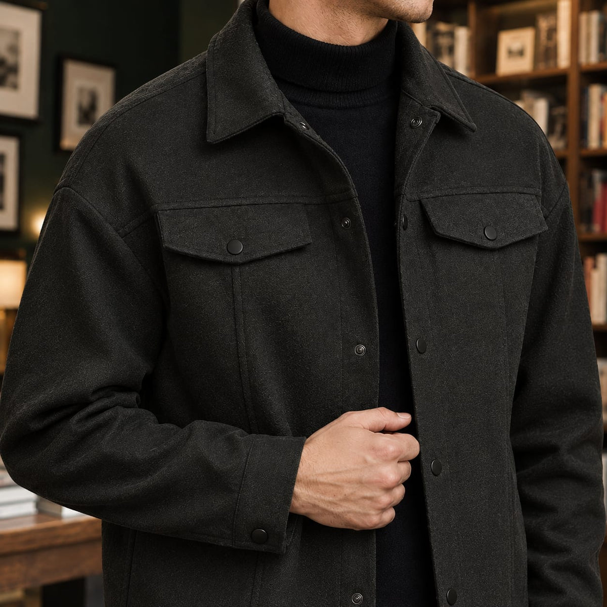 Utility jacket close up of the collar and snap front