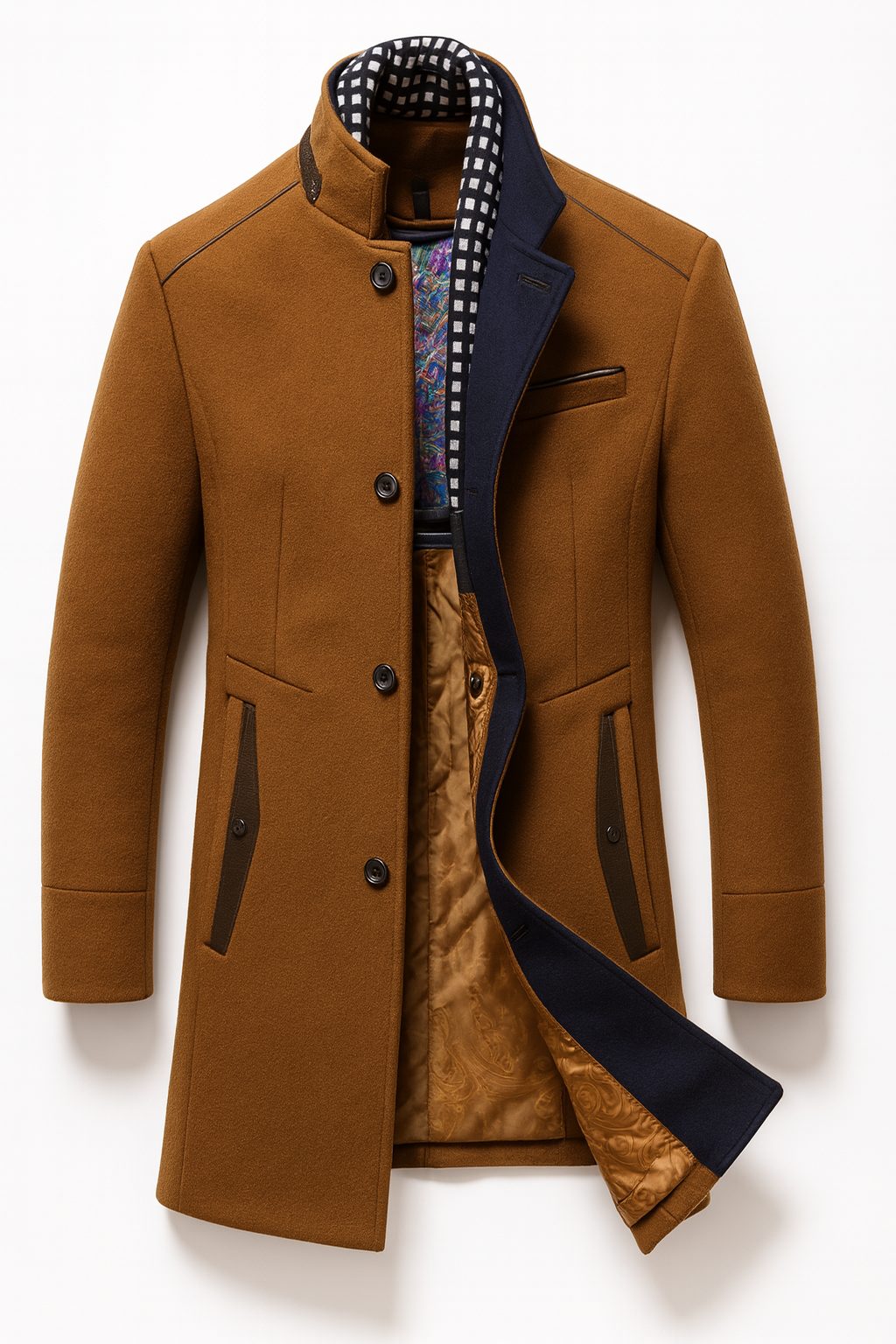 Men's Wool Blend Winter Overcoat with Stand Collar 2