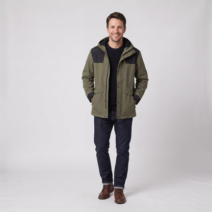Man wearing the waterproof hooded rain jacket with contrast shoulders