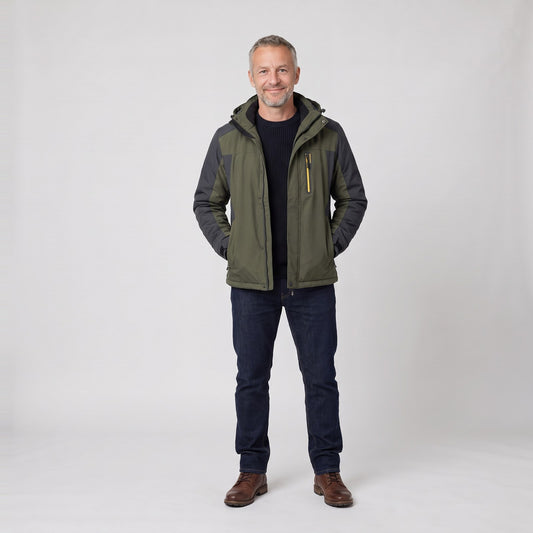 Man wearing the waterproof hooded winter jacket with fleece lining