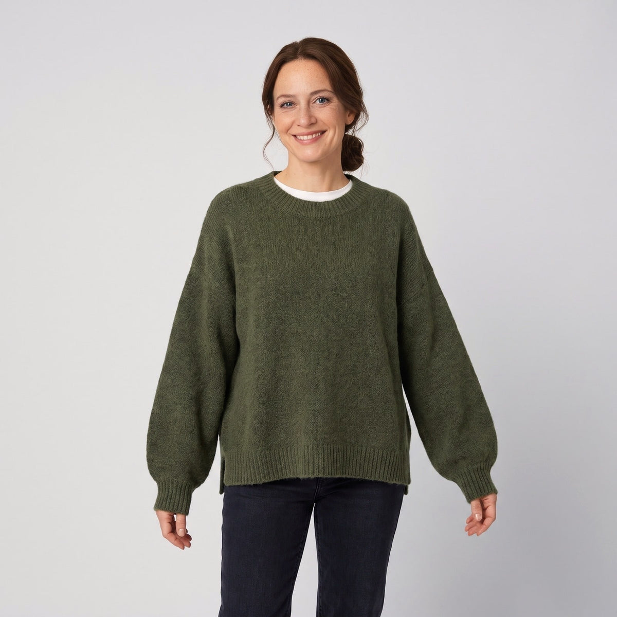 Women Jumper Round Neck Knit with Drop Shoulders and Splits 1