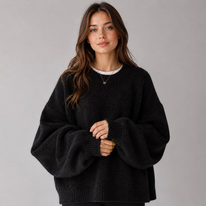 Women Jumper Round Neck Knit with Drop Shoulders and Splits 2