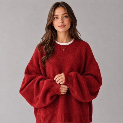 Women Jumper Round Neck Knit with Drop Shoulders and Splits 4
